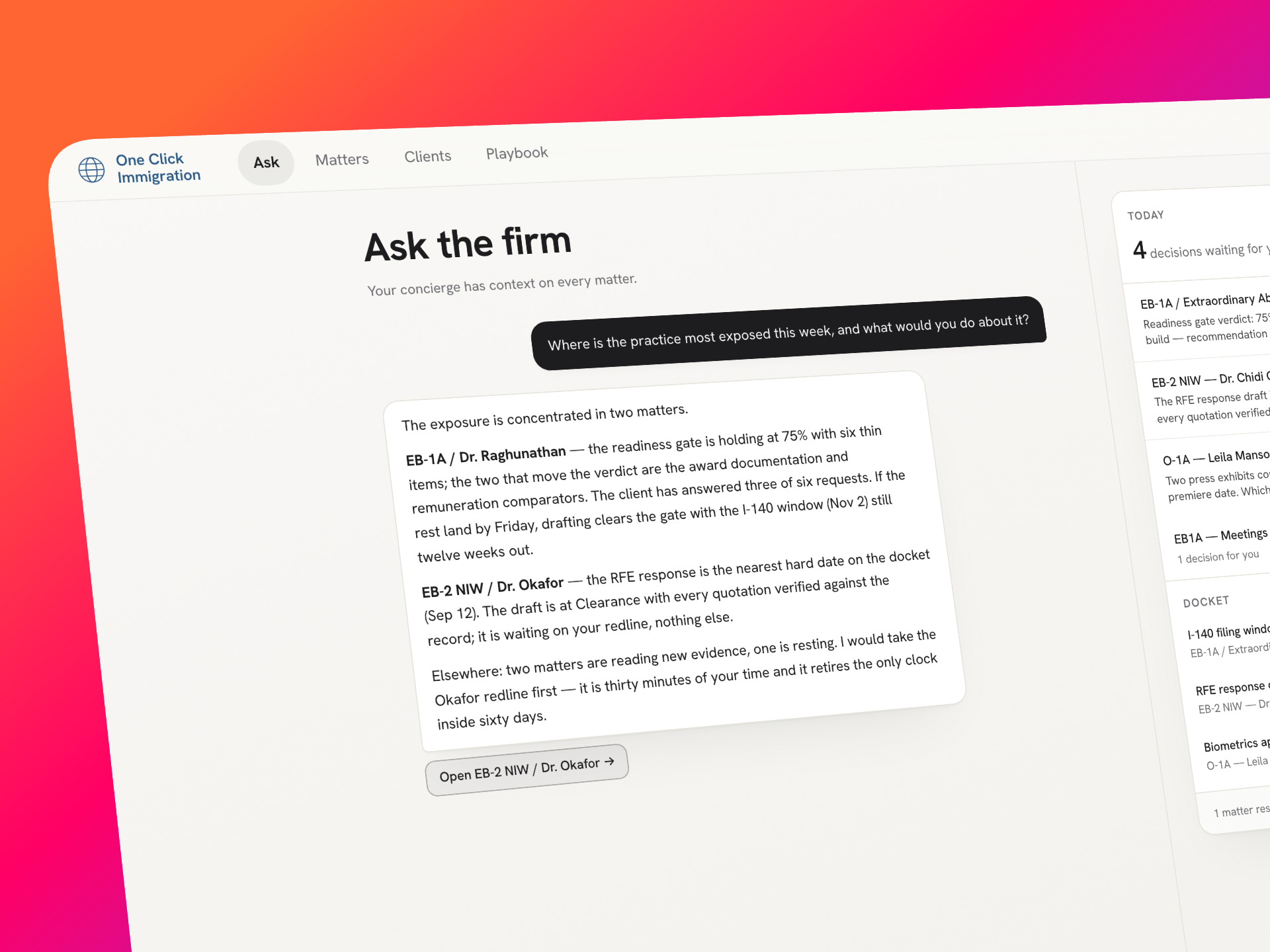 Ask the firm: one question across the practice, answered from the record, beside the day's decisions and docket