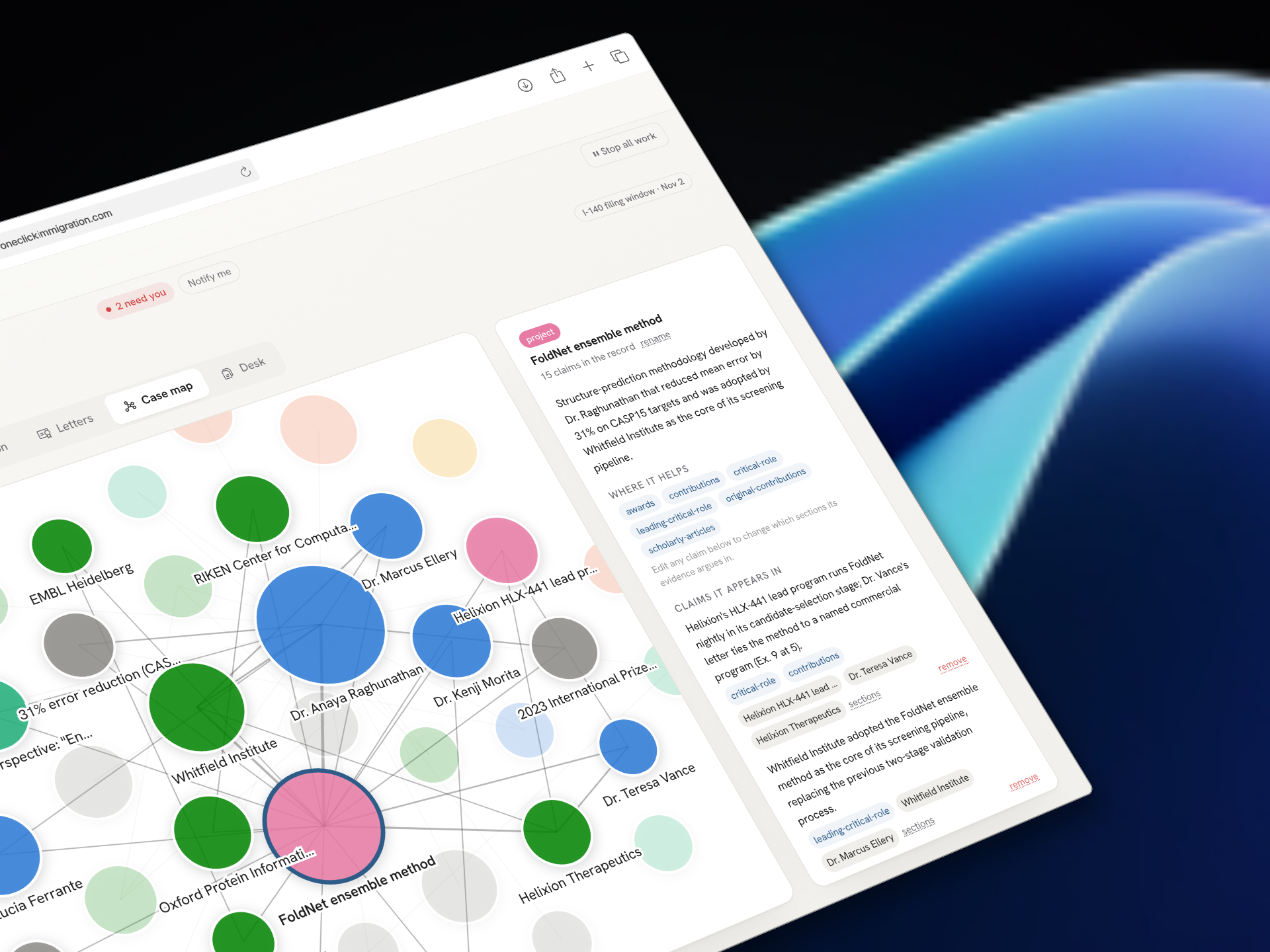 The case map: every entity in the record bound by the legal claims it supports, one selected with its network lit