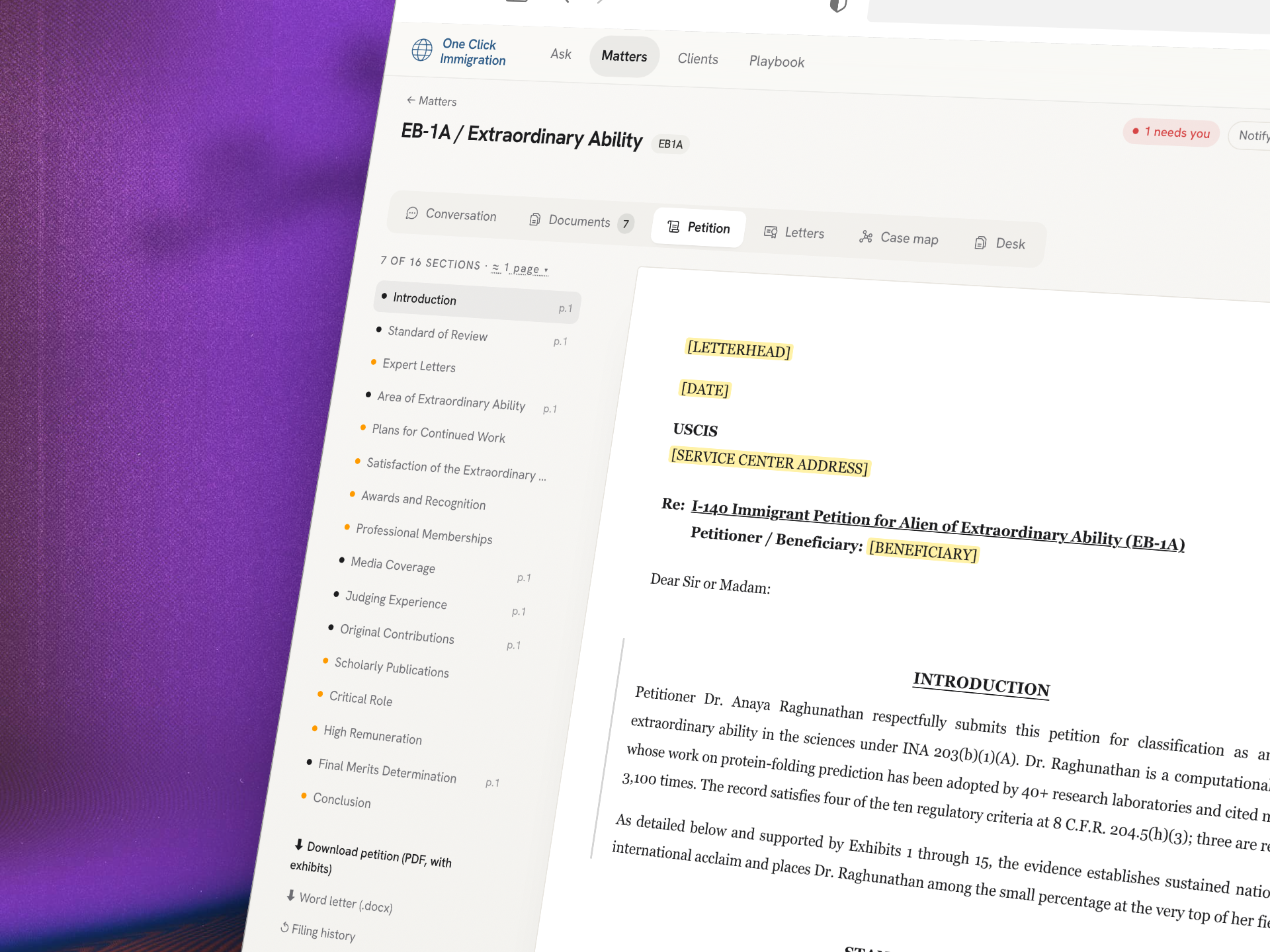 The Petition Desk: sections rail, the drafted letter, and the attorney's redraft controls